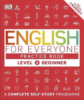 "Red book cover with 'English for Everyone' title, icons, and 'Free Online Audio' banner."