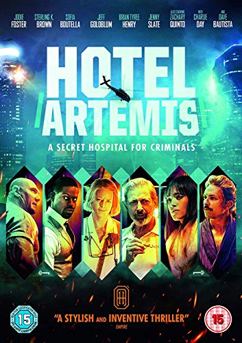 Hotel Artemis" DVD cover featuring six actors and a helicopter.