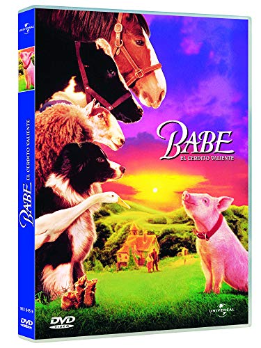 DVD cover of the movie Babe featuring a pig, dog, sheep, and horse.
