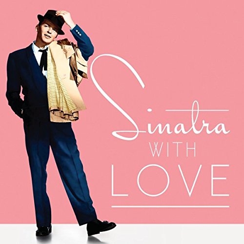 Man in blue suit and hat stands against pink background with "Sinatra with Love" text.