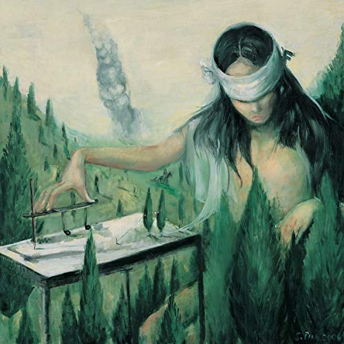 Painted album cover featuring a blindfolded woman and a miniature landscape.
