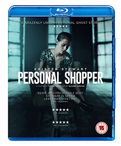 Blu-ray cover for "Personal Shopper" featuring Kristen Stewart in a grey dress.