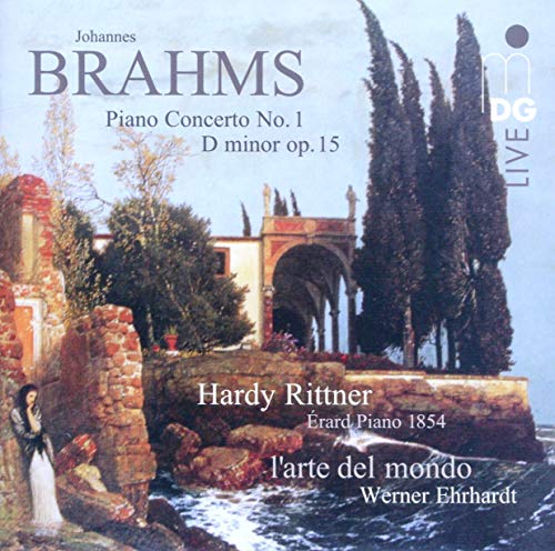 CD cover for Brahms' Piano Concerto No. 1 with coastal landscape.