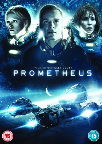 Prometheus DVD cover featuring three actors in space suits above a spaceship in space.
