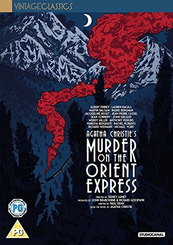 "Murder on the Orient Express DVD cover featuring a snowy mountain landscape and red smoke."