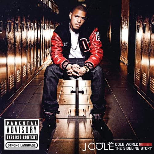 J. Cole album cover: rapper sitting in a hallway of lockers.