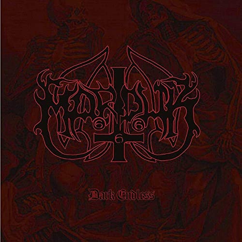 Red album cover with band logo and skeletal figures in darkness.