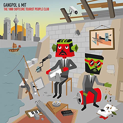 CD cover: Cartoonish figures with a city skyline and surreal objects.