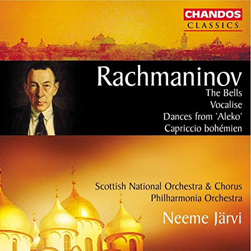 Rachmaninov CD cover featuring a portrait and golden domes against a yellow-red background.