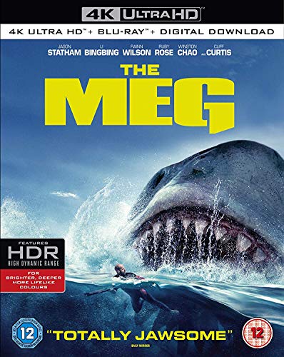 "Blu-ray cover of 'The Meg' with a shark emerging from the ocean."