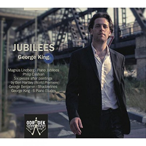 Man in suit stands before metal structure, CD cover art for "Jubilees" by George King.