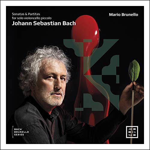 CD cover featuring cellist Mario Brunello and abstract red cello design.