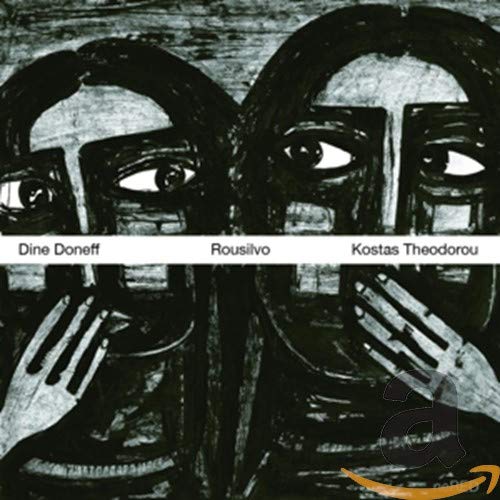 "Black and white album cover with abstract faces and forks, artist names on white strip."