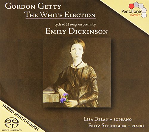 CD cover featuring a portrait of Emily Dickinson holding flowers, dark brown background.