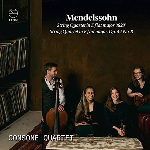 CD cover featuring the Consone Quartet with string instruments.