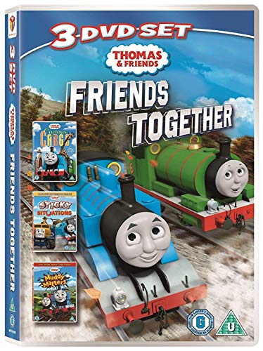 "Thomas the Tank Engine DVD case with cartoon trains on the front cover."