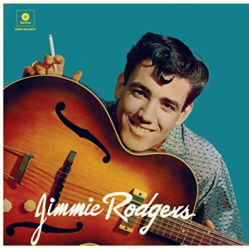 Jimmie Rodgers smiling with a guitar, vintage record album cover.