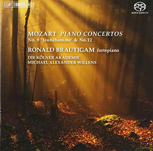 "Mozart Piano Concertos" CD cover featuring a forest scene with sunlight filtering through trees.