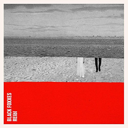 "Album cover featuring a black and white beach scene with a red banner."