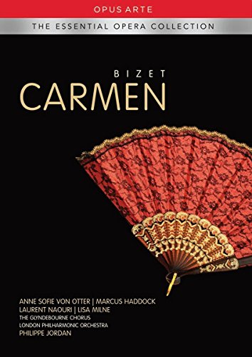 DVD cover for Bizet’s *Carmen* opera, featuring a red fan.