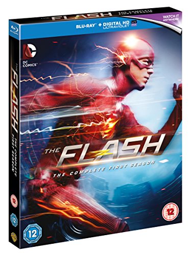 "The Flash" Blu-ray box set featuring the superhero in a red costume, running.