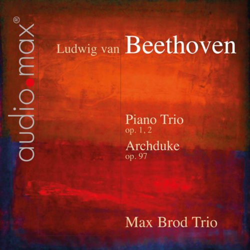"CD cover with Beethoven's name and red, blue abstract background."
