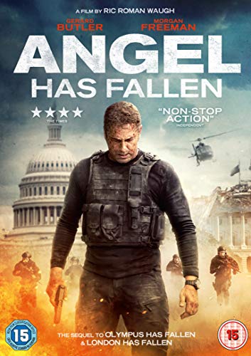 Angel Has Fallen" DVD cover featuring Gerard Butler in tactical gear.