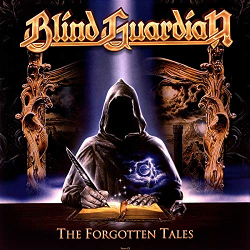 "Album cover art featuring a hooded figure writing in a book, with ornate statues."