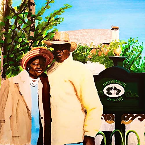 Painted portrait of two people with hats, standing by foliage.