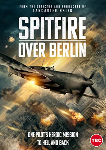 Spitfire aircraft flying over a burning city, DVD cover art.