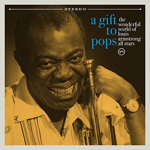Louis Armstrong smiling, holding a trumpet, on a vintage album cover.