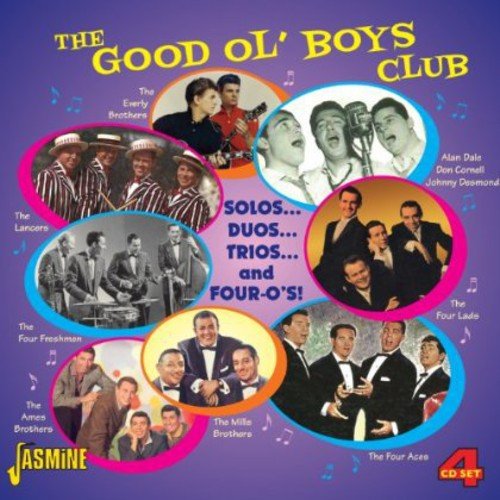 "CD cover with 7 circular photos of male vocal groups on purple background."
