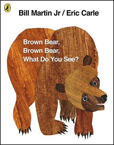 "Children's book cover featuring a collage bear with the title 'Brown Bear, Brown Bear, What Do You See?'".