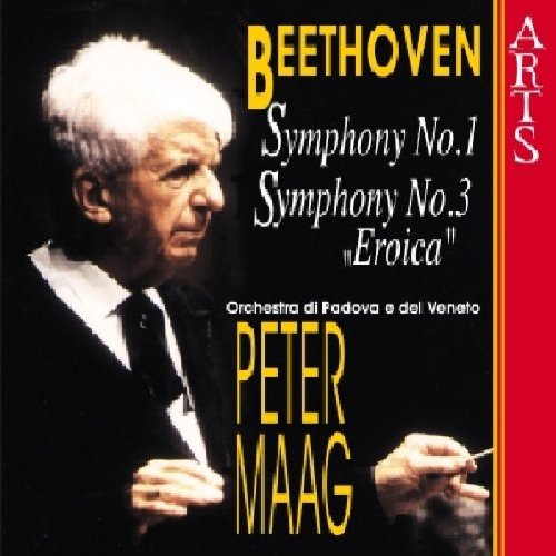"CD cover with conductor Peter Maag and Beethoven symphony information on a dark background."