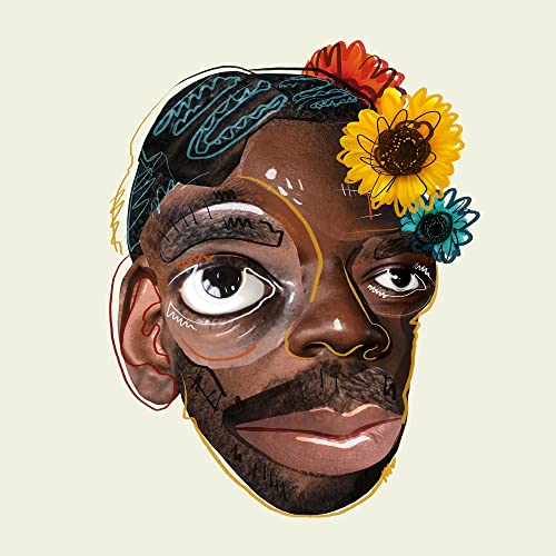 Painted portrait of a Black man with flowers in his hair.