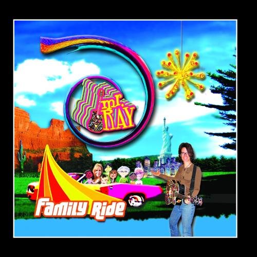"Album cover with cartoon man, car, and tent, featuring 'Mr. Ray' and 'Family Ride' text."