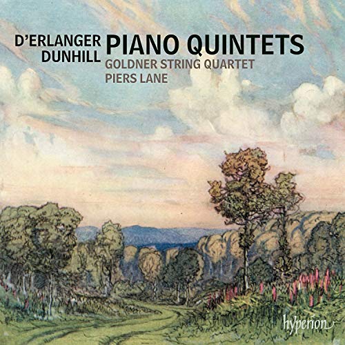 "CD cover with serene landscape painting and text describing piano quintets."