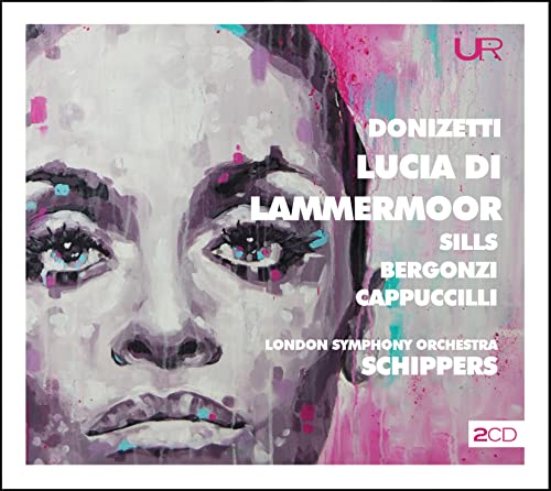 CD cover featuring a painted portrait of a woman’s face, text “Lucia di Lammermoor”.