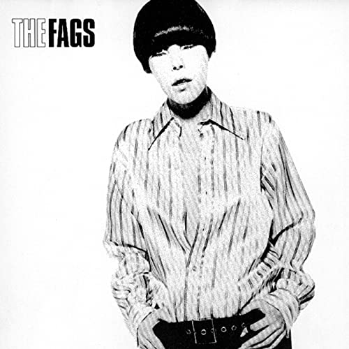 Black and white album cover featuring a person in a striped shirt.