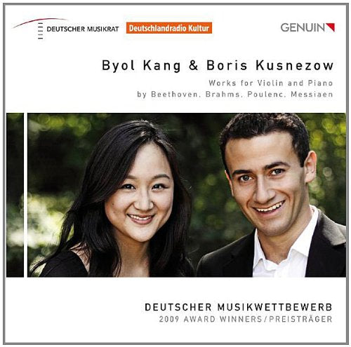 CD cover featuring portraits of Byol Kang and Boris Kusnezow, violin and piano duo.
