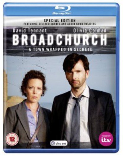 "Blu-ray case with 'Broadchurch' cover, featuring David Tennant and Olivia Colman."