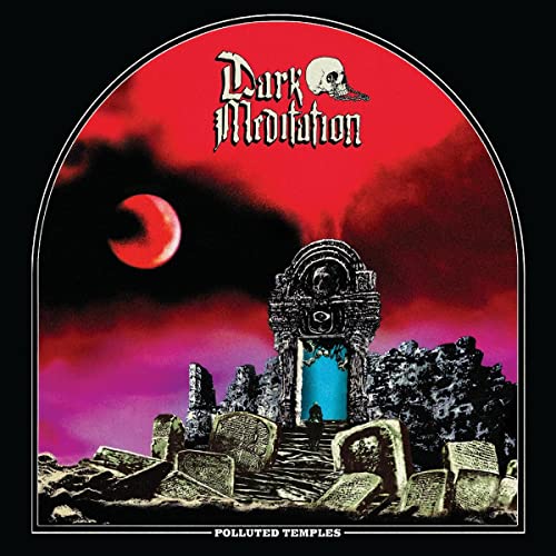 Album cover: skull, temple ruins, red moon, and dark, stormy landscape.