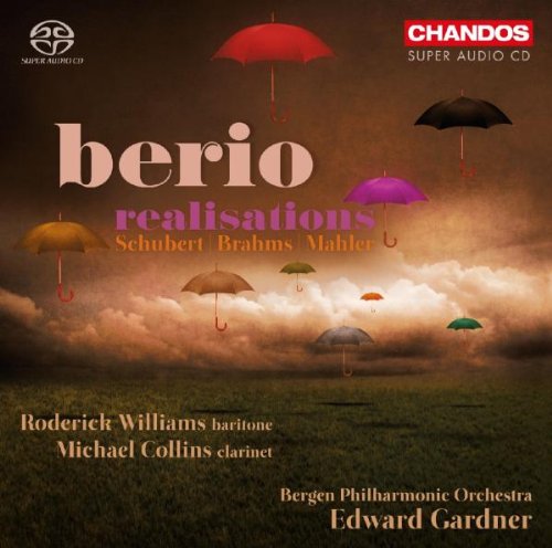 CD cover: āBerio: Realisationsā with colorful umbrellas against a cloudy sky.