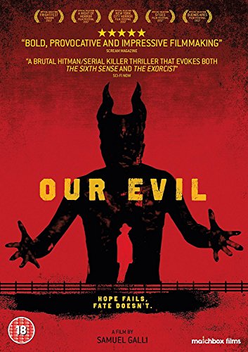 Red movie poster for "Our Evil" featuring a silhouetted demonic figure.