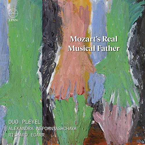 CD cover with abstract green and black brushstrokes, text: "Mozart's Real Musical Father".
