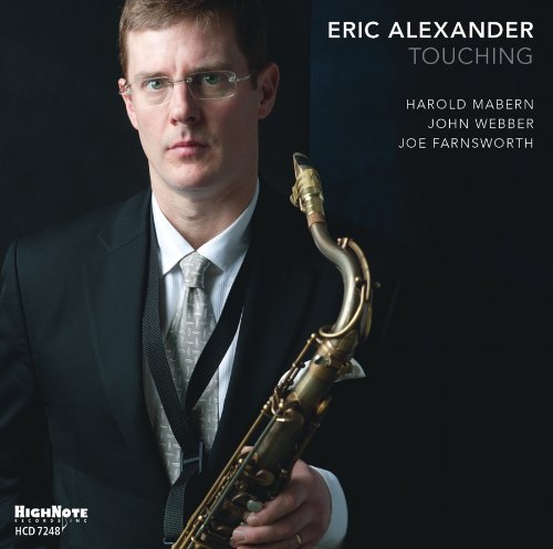 Man in suit holding saxophone, against dark background, with album title and names.