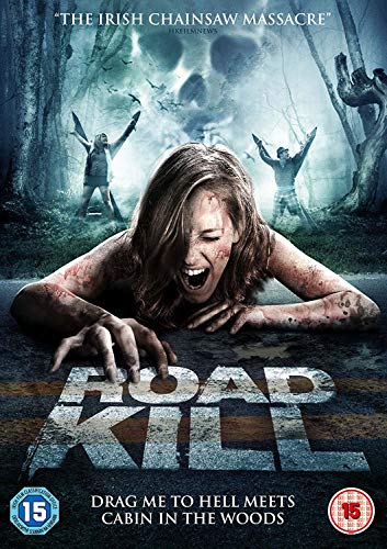 A woman screams on a dark road in front of a giant ghostly skull.