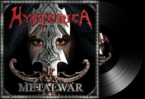 "Hysterica album cover featuring a woman wearing a metal mask, red eyes visible."