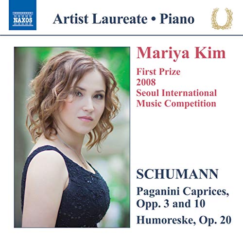 CD cover featuring pianist Mariya Kim, text listing Schumann and Paganini.