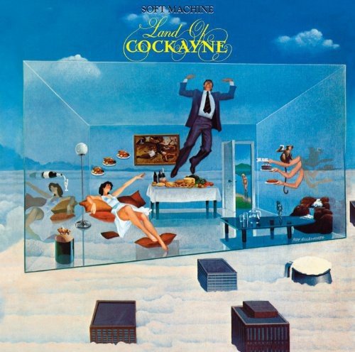 "Album cover art: surreal scene with man, woman, and abstract elements, blue sky background."